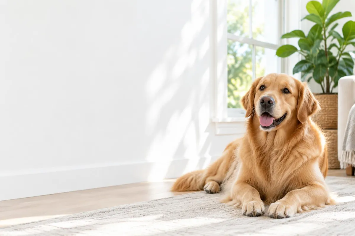 Ein Golden Retriever liegt entspannt in einer hellen Wohnung